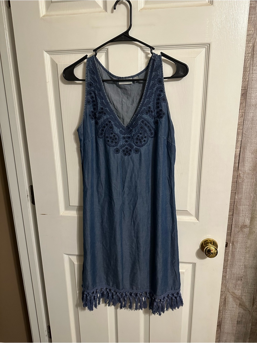 New York & Company Blue Embroidered Midi Dress with Fringe Hem